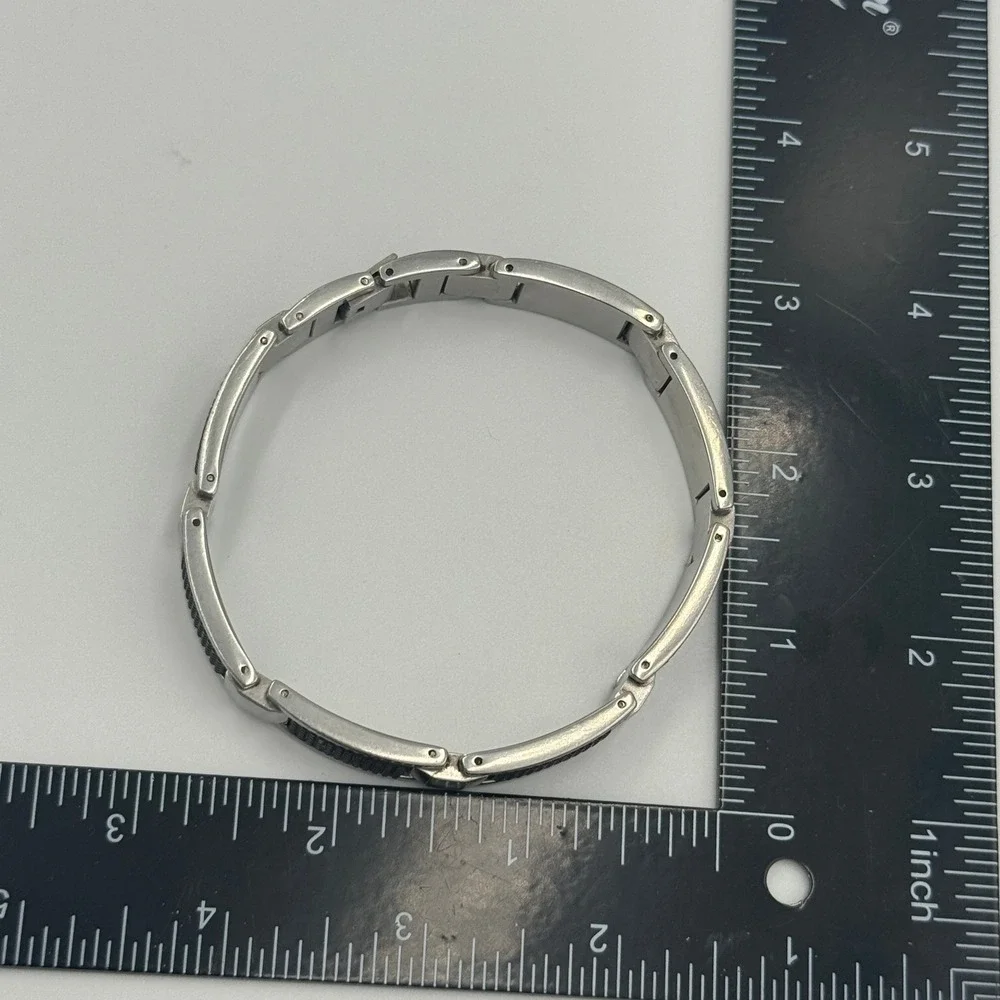 Mens Stainless Steel Link Bracelet‎ Silver Black Carbon Fiber Inlay Industrial